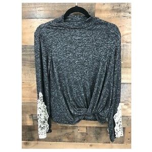 ALTAR’D STATE Heathered Lace Sleeve Mock Neck Twist Blouse